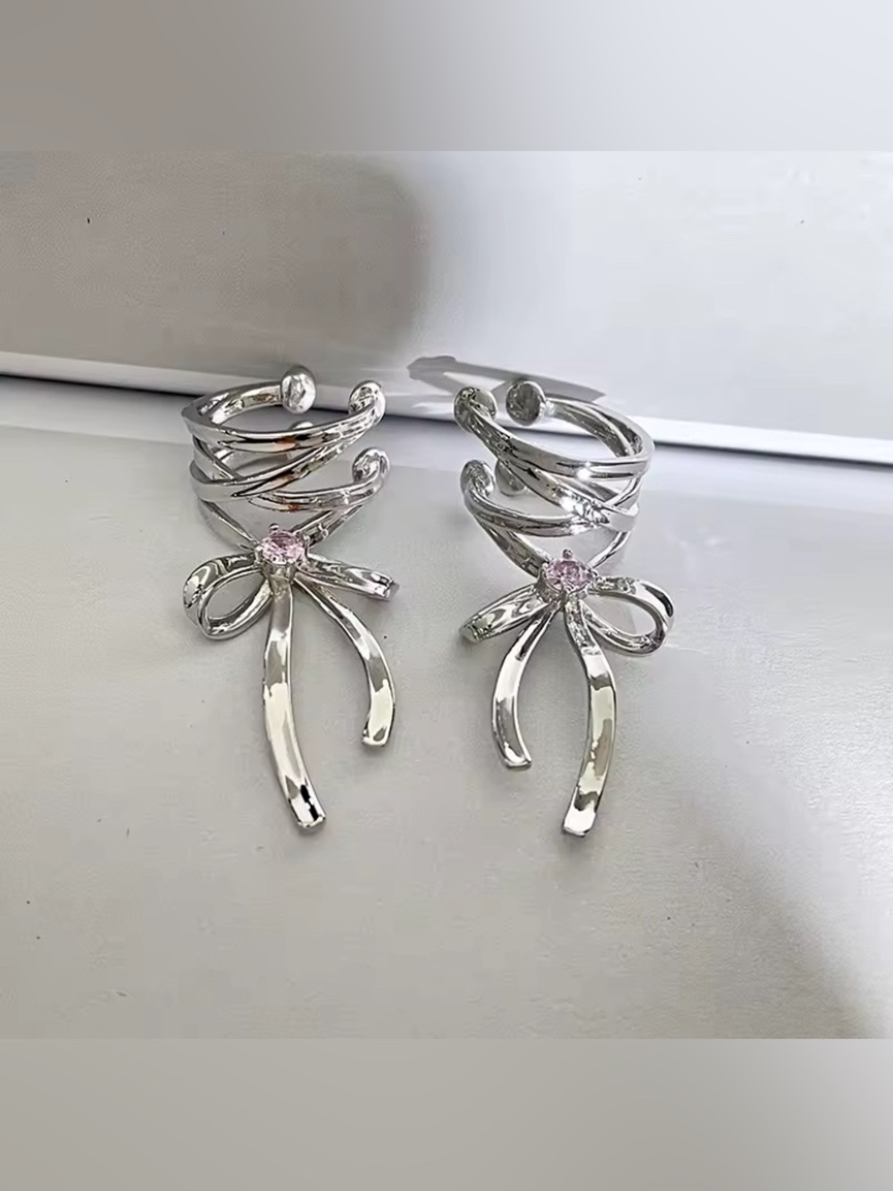 Korean Vintage Ribbon Bow Crystal Silver Ear Clips